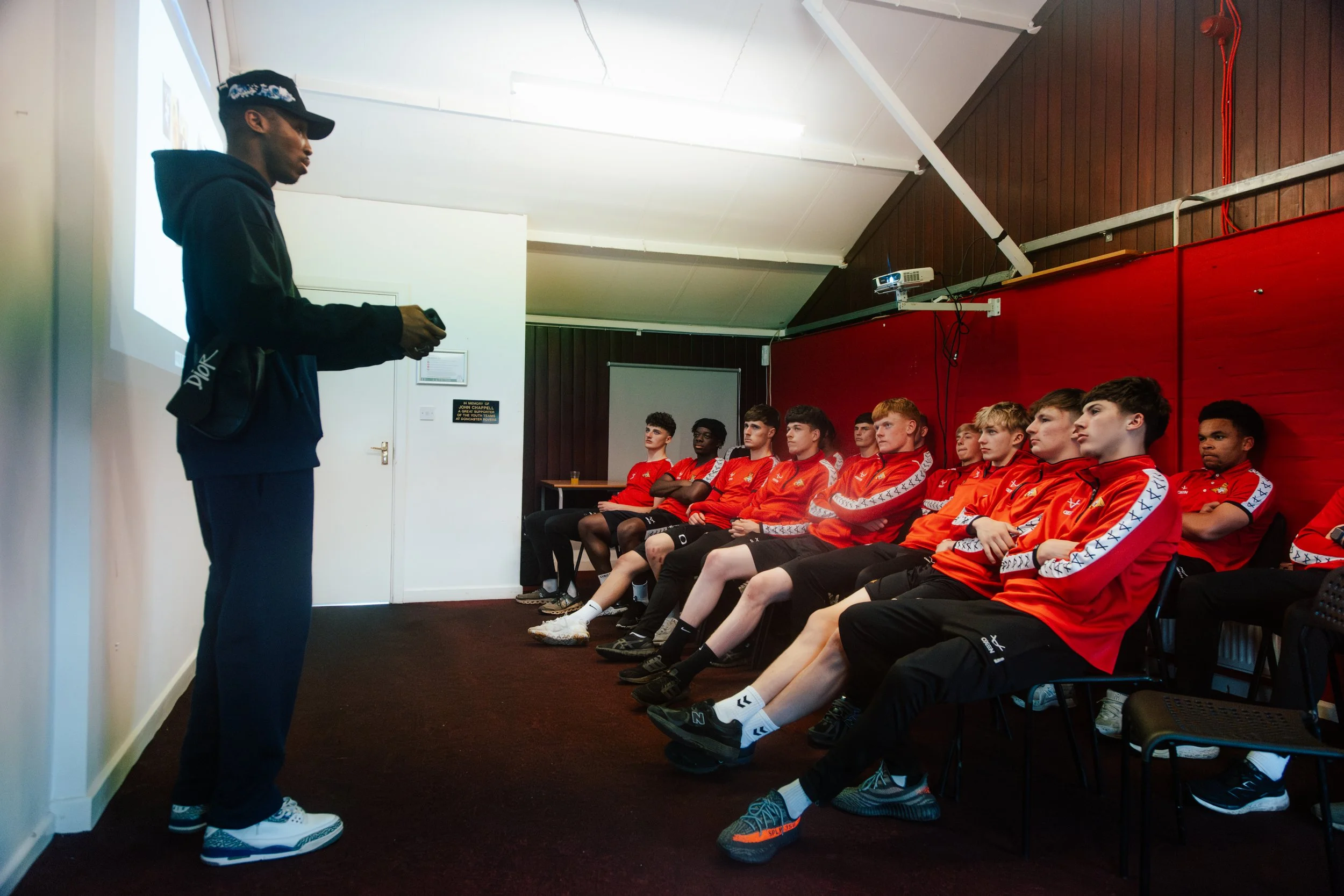 Kofi Josephs leading a workshop with Doncaster Rovers Academy players