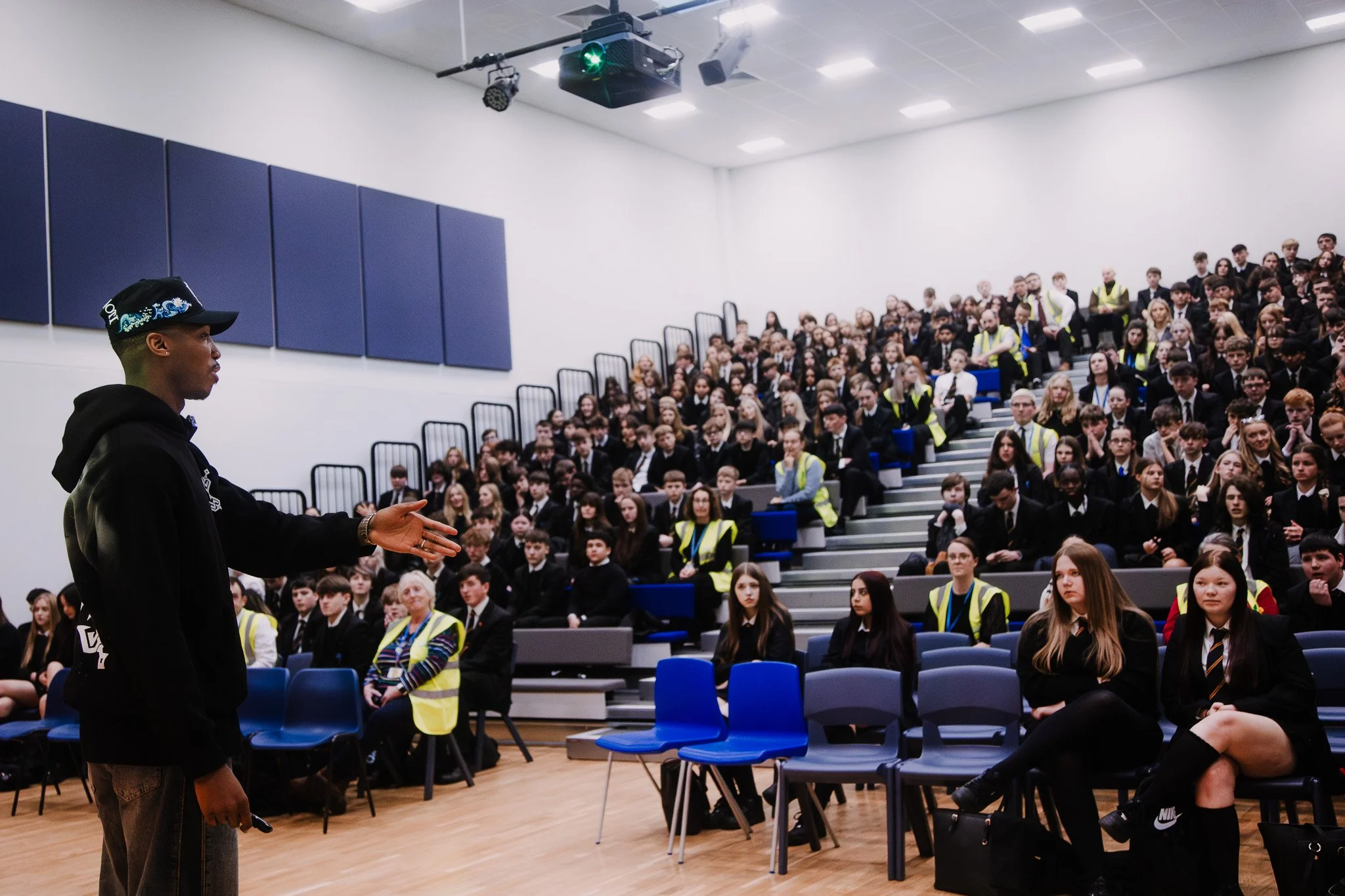 Kofi Josephs speaking to students gathered at Lytham St Annes School
